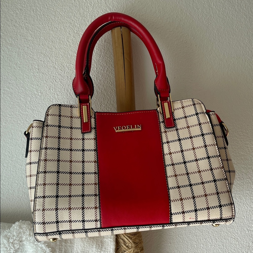 Red and Cream Checkered Satchel Bag